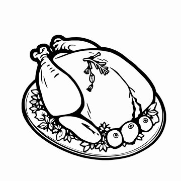 roasted turkey on plate, black and white clip art preview