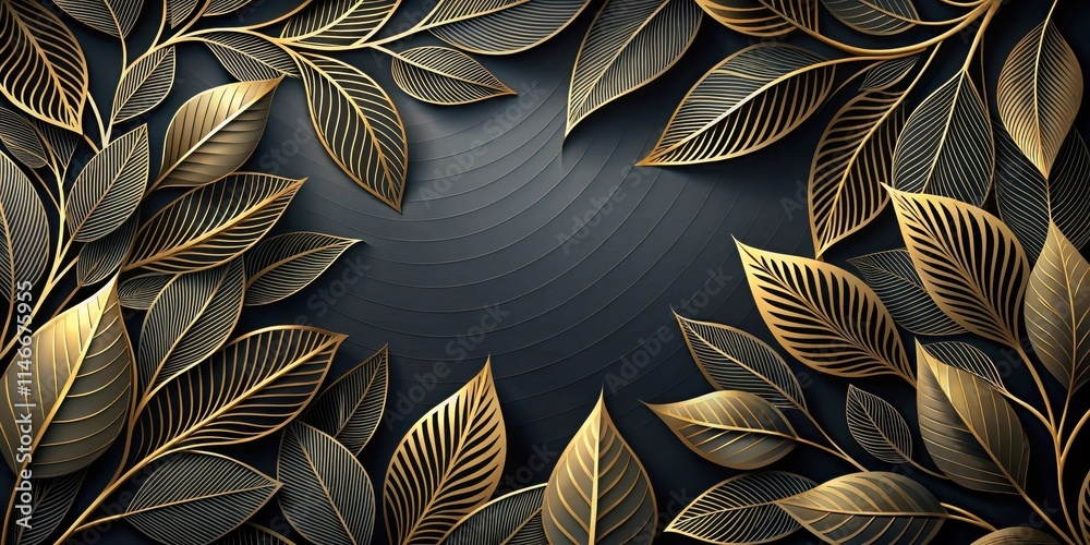 Fototapete golden foliage border with a black background featuring abstract curved lines and intricate leaf pat