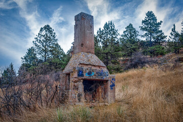 A lone chimney from a log cabin that burned.