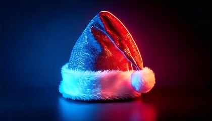 Glowing Christmas hat illuminated by neon lights creates a festive and colorful holiday ambiance