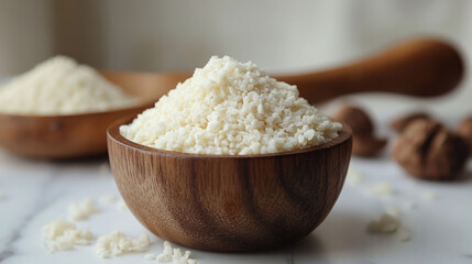 Close-up of shredded coconut in wooden bowl.