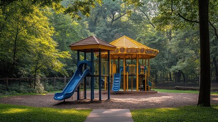 Naklejka premium Colorful children's playground in a park with lush green trees.