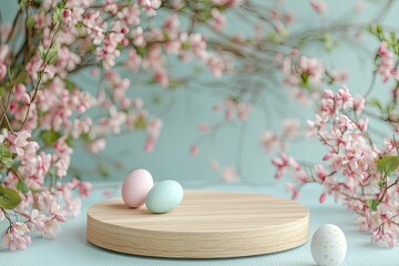 Empty round wooden podium for product presentation with spring flowers and easter eggs on light background 