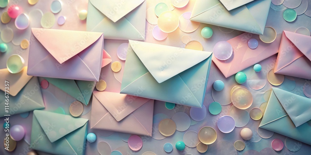 Poster Pastel Envelopes and Shimmering Circles A Minimalist Composition of Soft Colors and Geometric Shapes