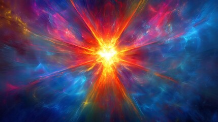 Obraz premium Radiant neon rays of red, blue, and glowing hues bursting outward from a luminous central light source.