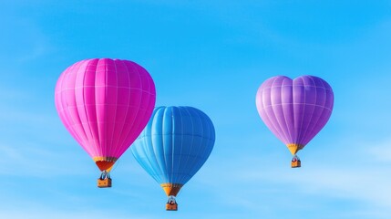 Naklejka premium Three hot air balloons, pink, purple, and blue, soar against a vibrant blue sky.