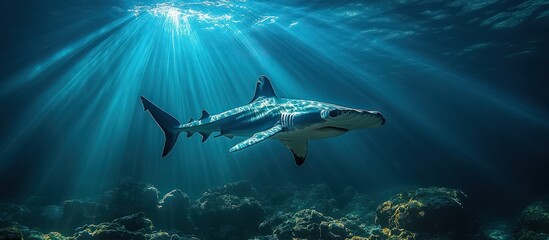 Fototapeta premium Oceanic shark swimming in sunlit deep blue water above a seabed.