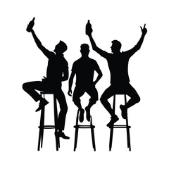 Fototapeta premium a black and white silhouette of three men sitting on stools with their arms raised in the air