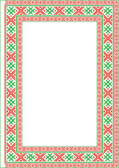 Vector red green square belarusian national ornament frame. Ethnic pattern rectangle of Slavic peoples, Russian, Ukrainian, Serb, Pole, Bulgarian. Cross stitch template