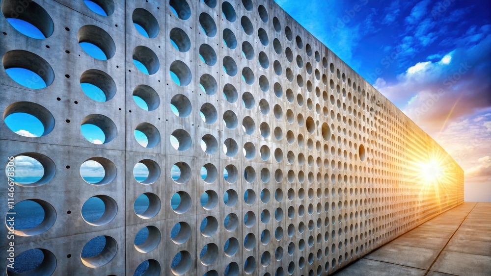 Fototapete a modern architectural design featuring a wall with numerous circular openings, allowing sunlight to