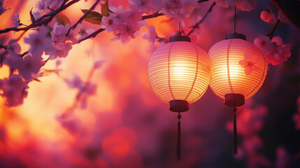Fototapeta premium Lanterns hanging on the tree at dusk