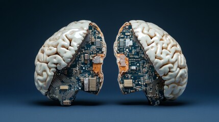 Fototapeta premium Vector logo of the left and right halves of the brain merging into a single circuit board, on a dark blue background.