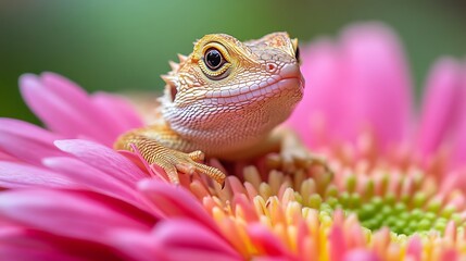 A close-up, highly realistic photo of a lizard resting on a colorful flower, its delicate scales and curious gaze in perfect focus
