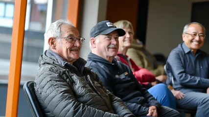 Elderly men come together in a waiting area at a veterans hospital to celebrate and reflect on their service in honor of Veterans Day. The atmosphere is filled with camaraderie and respect