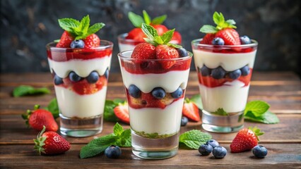 Delicious layered dessert with creamy yogurt, fresh strawberries, and blueberries in glass cups on a wooden table
