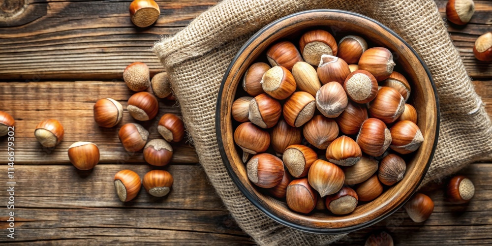Poster a rustic wooden bowl overflowing with a bounty of freshly harvested hazelnuts, nestled on a burlap c