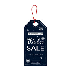 Vector winter blue sale label with stars and snowflakes white isolated background. Winter discount, special offer price tag and shop now. Winter sale up to 50% off shopping tag. Sale banner template