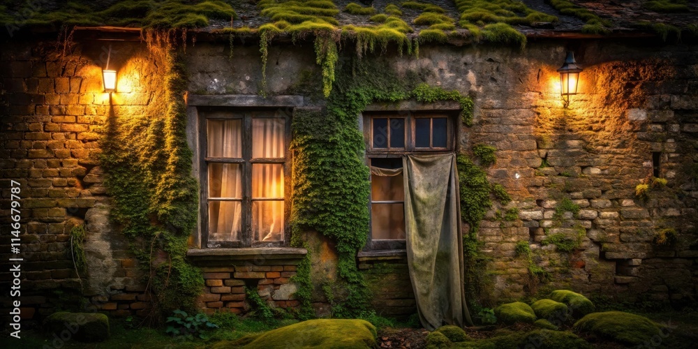 Aufkleber a rustic brick wall covered in greenery with two windows and lanterns lighting the scene