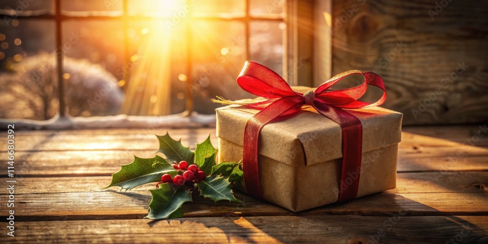Aufkleber a festive gift box wrapped in brown paper and adorned with a red ribbon on a rustic wooden surface w