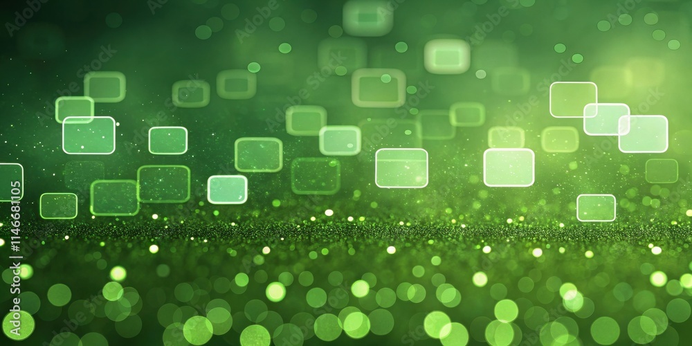 Poster Abstract Green Background with Glowing Squares and Bokeh Lights