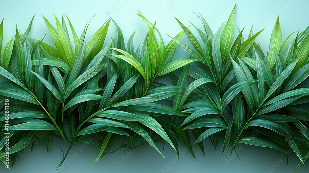 Poster Lush green tropical foliage border on pastel background.