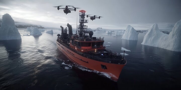 A futuristic research vessel monitoring ocean temperatures, equipped with underwater drones and solar-powered instruments. The ship sails through icy Arctic waters surrounded by towering icebergs. 