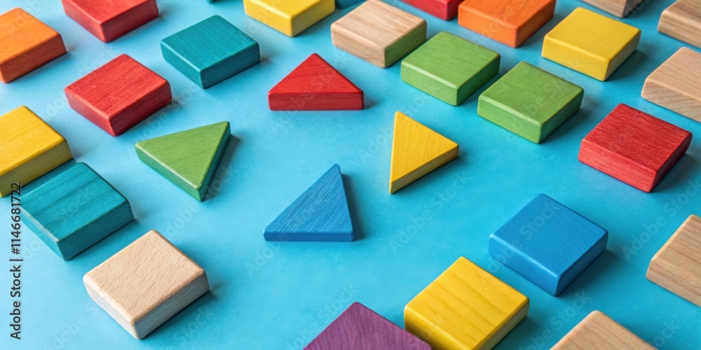 Poster a vibrant collection of colorful wooden blocks arranged in a playful pattern on a bright blue backgr