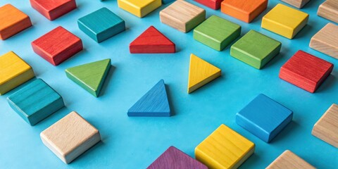 Obraz premium A vibrant collection of colorful wooden blocks arranged in a playful pattern on a bright blue background