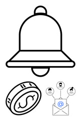 Bell icon, coin with dollar sign, and email envelope with user connections. Ideal for notifications, reminders, financial alerts, communication, marketing strategies, email campaigns user