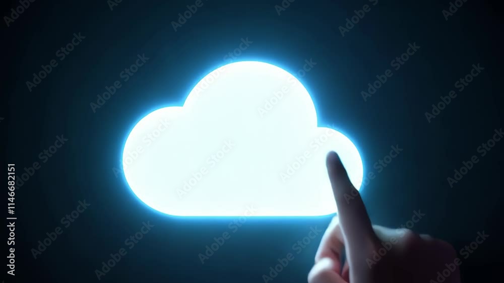 Poster bright blue cloud symbol on dark background representing digital storage and data management solutio