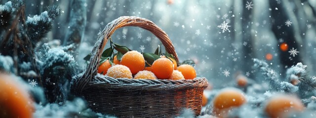 Basket with tangerines in a snowy forest. Selective focus.