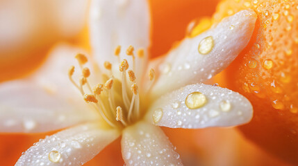 visually striking macro shot of orange blossom with droplets of water, showcasing its delicate petals and vibrant colors. image captures beauty and freshness of nature