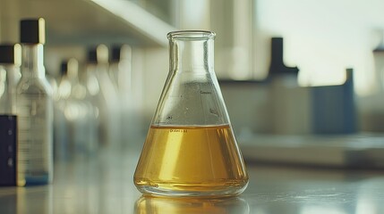 Flask against the background of a laboratory. Selective focus.