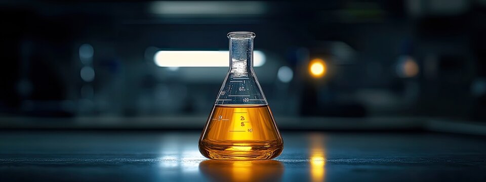 Flask against the background of a laboratory. Selective focus.