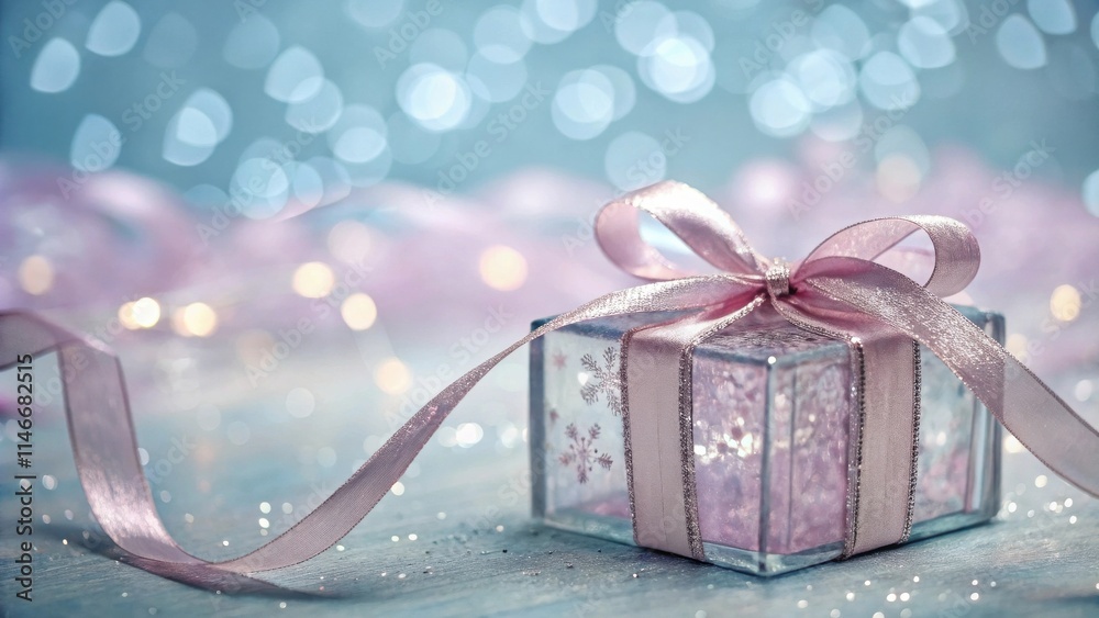 Poster a delicate pink gift box with a shimmering ribbon, beautifully arranged on a sparkling surface, crea