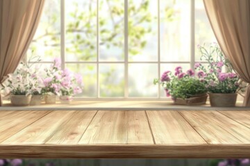 Empty wood table top on blur window sill and kitchen shelf background 