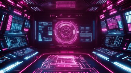 Obraz premium futuristic neon pink and blue sci-fi control room