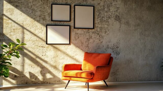 Stylish orange armchair in a modern interior with empty wall frames and natural light casting shadows