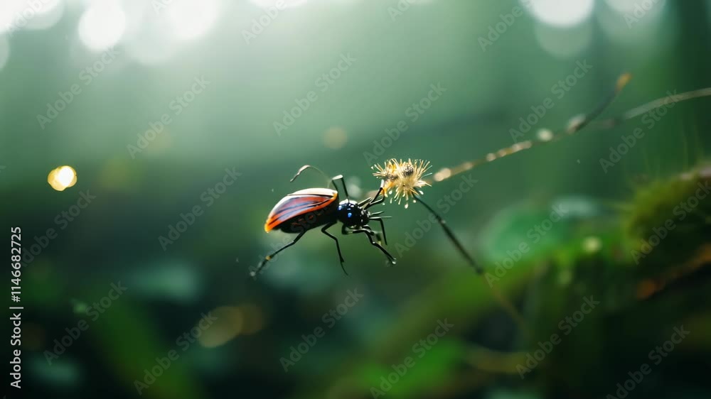 Poster colorful beetle interacts with delicate dandelion seeds in a lush forest setting