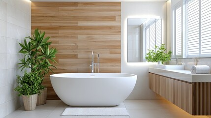 Fototapeta premium Modern bathroom interior featuring a white freestanding bathtub, warm wooden wall paneling, and a vanity with an illuminated mirror.