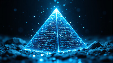 A stunning blue pyramid featuring digital data streams, creating an ethereal and futuristic ambiance.