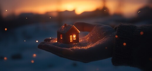 A hand holds a small illuminated house in the snow at sunset.