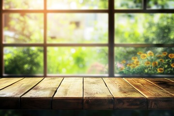 Empty wood table top on blur window sill and kitchen shelf background 