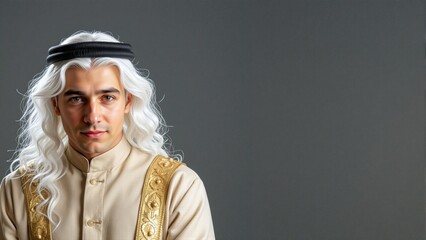 Fototapeta premium Arabic man with confident expression in traditional attire with gray background and copy space