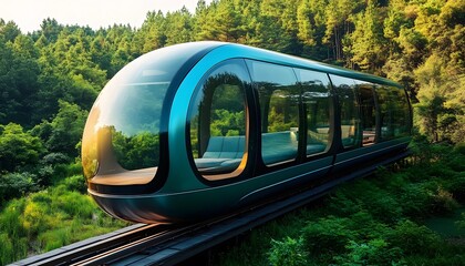 Fototapeta premium A futuristic train gliding through lush greenery, showcasing the harmony between advanced technology and nature