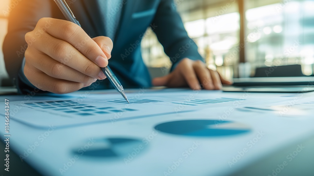 Poster a professional hand analyzing graphs and charts on a document in a modern office setting. a focused 