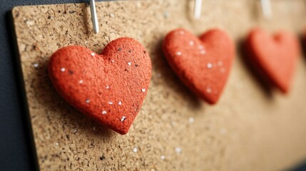 Obraz premium Three red heart-shaped decorations on corkboard with glitter in warm light. The 14th of February. Happy Valentine's Day