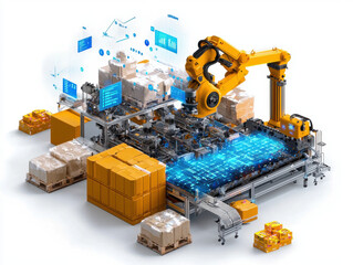 Automated warehouse with robotic arm and data visualization