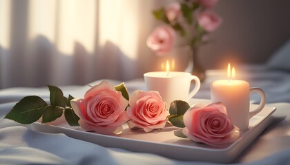 A serene setting featuring soft pink roses, lit candles, and cups arranged on a tray. This composition evokes a calm atmosphere, perfect for relaxation or romantic moments.