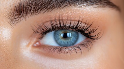 Obraz premium Close-up of a woman's beautiful blue eye with long, dark eyelashes.